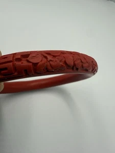 Vintage Deeply Carved Floral And Lucky Symbol Carved Cinnabar Bangle Bracelet - Picture 1 of 13