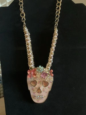 Sugar SKULL Flowers Betsey Johnson RHINESTONE Ribbon Statement Necklace - Image 1 of 4