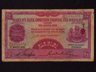 Trinidad & Tobago:P-S102a, 5$, 1939 * Barclays Bank * F-VF * - Image 1 of 2