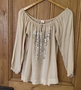 Jo Eden minimango oatmeal top sequin peasant blouse lightweight boho summer Med - Picture 1 of 9