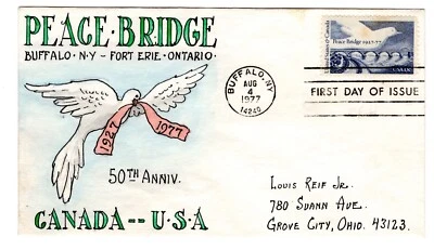 #1721 Peace Bridge Canada - U.S. 1977 FDC - Herman Maul Hand-Painted  - Image 1 of 2