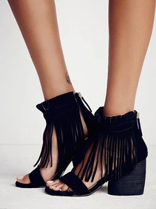 Matiko Brentwood x Free People Black Suede Fringe Ankle Wedge Heel Sandal Sz 36 - Picture 1 of 4