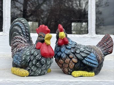 Primitive Vintage ROOSTER & HEN Pottery Chicken Figurines SET of 2 OOAK❤️ct39j2 - Image 1 of 4