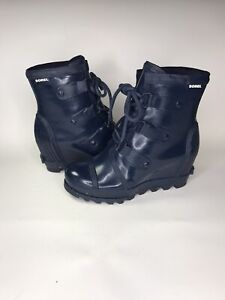 Sorel Joan of Artic Blue Leather Mid Wedge Rubber Rain Boots Women’s Size 7.5