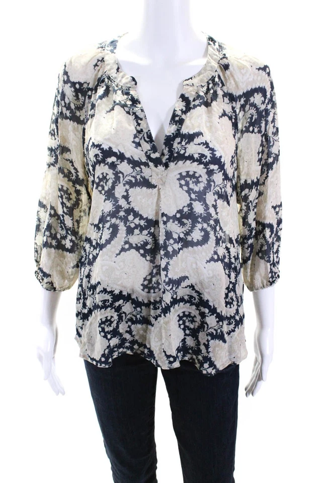 Joie Womens Silk Paisley Print Long Sleeves Blouse Navy Blue Beige Size Small - Image 1 of 4
