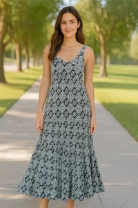 Keren Hart Maxi Dress Womens M Black White 100% Cotton Lined Smocked Back Boho - Picture 1 of 16