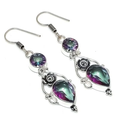 Mystic Topaz Gemstone Handmade 925 Sterling Silver Jewelry Earring Size 1.9" - Image 1 of 2