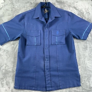 Iolani Executive Button Up Hawaiian Shirt Blue Ribbed Embroider MEDIUM VTG Flaw - Imagen 1 de 10
