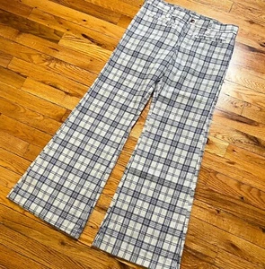 Vintage 1970s Womens Plaid Bell Bottom Flared Pants Mid Rise Linen - 30x29.5 L - Picture 1 of 12