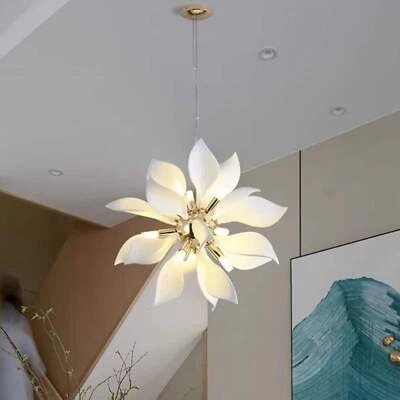 Éclore White Petal Ceramic and Chrome Modern LED Chandelier - Image 1 of 4