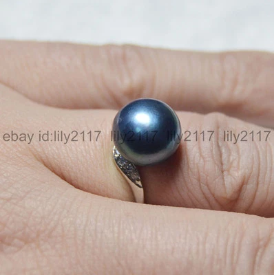 Anillos de apertura de plata de perlas naturales negras del Mar del Sur enormes de 12-12,5 mm Foto 1 de 4
