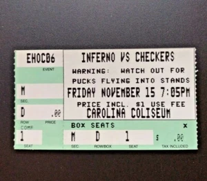 Talón de boleto de hockey Columbia Inferno vs Charlotte Checkers Carolina Coliseum - Imagen 1 de 2