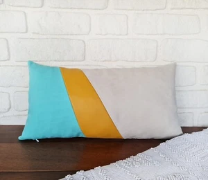Yellow, mint, white color block model faux leather lumbar pillow cover -1qty - Picture 1 of 5
