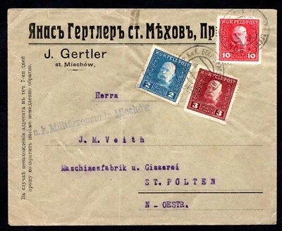 AUSTRIA 1917 WWI K.U.K. MILITARY COVER FRANKED SCOTT #M23, M24, M27 - Image 1 of 2