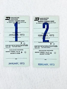 2 1973 VINTAGE BURLINGTON NORTHERN MONTHLY STUDENTS TICKET - JANUARY / FEBRUARY - Picture 1 of 4