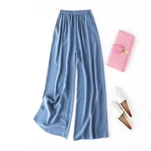 Women's Wide-leg Pants Elastic Waist Mulberry Silk Comfortable Solid Trousers - Picture 1 of 31