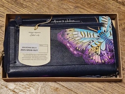 Cartera sin asas de cuero genuino pintada a mano Anuschka - Alas mágicas - Nueva con etiquetas Foto 1 de 4