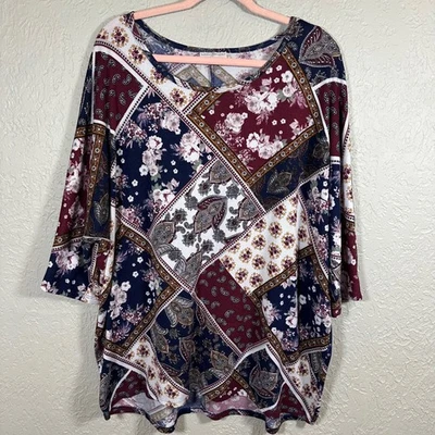 Top Bobbie Brooks Talla Grande 2X Estampado Floral Paisley Patchwork Manga 3/4 Foto 1 de 4