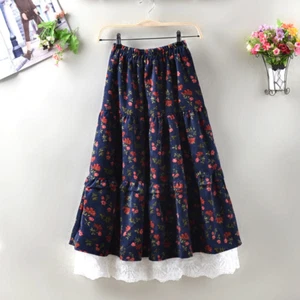 Women Floral Corduroy Skirt Retro Lace Pleated Frill High Waist - Picture 1 of 9
