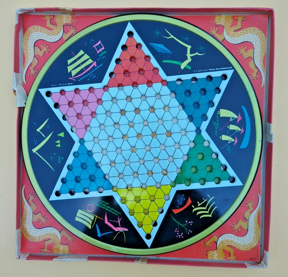 Vintage 1950's Hop Ching Chinese Checkers Tin Litho Game W/Box USA No Marbles! - Image 1 of 4