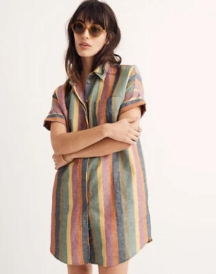 Madewell Courier Shirtdress in Rainbow Stripe linen cotton Small — 第 1/4 张图片