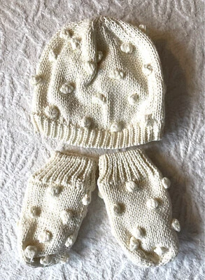 Indigo Baby Mittens Hat Toque Pom Pom Cream White Cotton Set 6-12 Months New NWT - Image 1 of 4