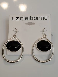 Liz Claiborne NWT Earrings Silvertone W/ Black Oval Acrylic 2" 465 - Picture 1 of 3