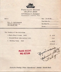 1945 Art Frame Studio Bill Head Letterhead Ferdinand Roten Baltimore, MD - Picture 1 of 1
