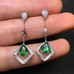 14k White Gold Plated 4 Ct Pear Cut Simulated Green Emerald Drop/Dangle Earrings - Picture 1 of 6