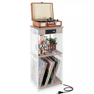 Record Player Stand Storage Rack Vinyl Turntable Cabinet Nightstand w/USB Ports - Picture 1 of 8