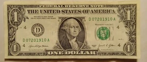 $1 Dollar Bill-(D 07201910 A)--FANCY DATE SERIAL NUMBER, INK BLEEDER - Picture 1 of 7