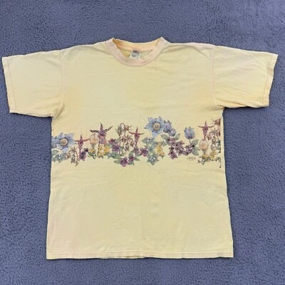 Vintage Floral Shirt Womens Large Yellow Cottagecore Flower 90s Short Sleeve USA - Image 1 of 4