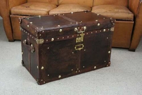 Antique Leather Brown Finest Leather Trunk with Key Leather Box Cover