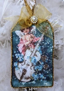 Victorian Valentine Decoupage Glass Glitter Pink Blue Cherub Shabby Ornament - Picture 1 of 2