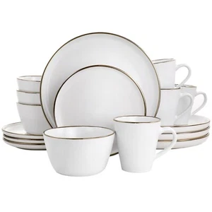 Elama Arthur 16 Piece Stoneware Dinnerware Set in Matte White with Gold Rim - Picture 1 of 3