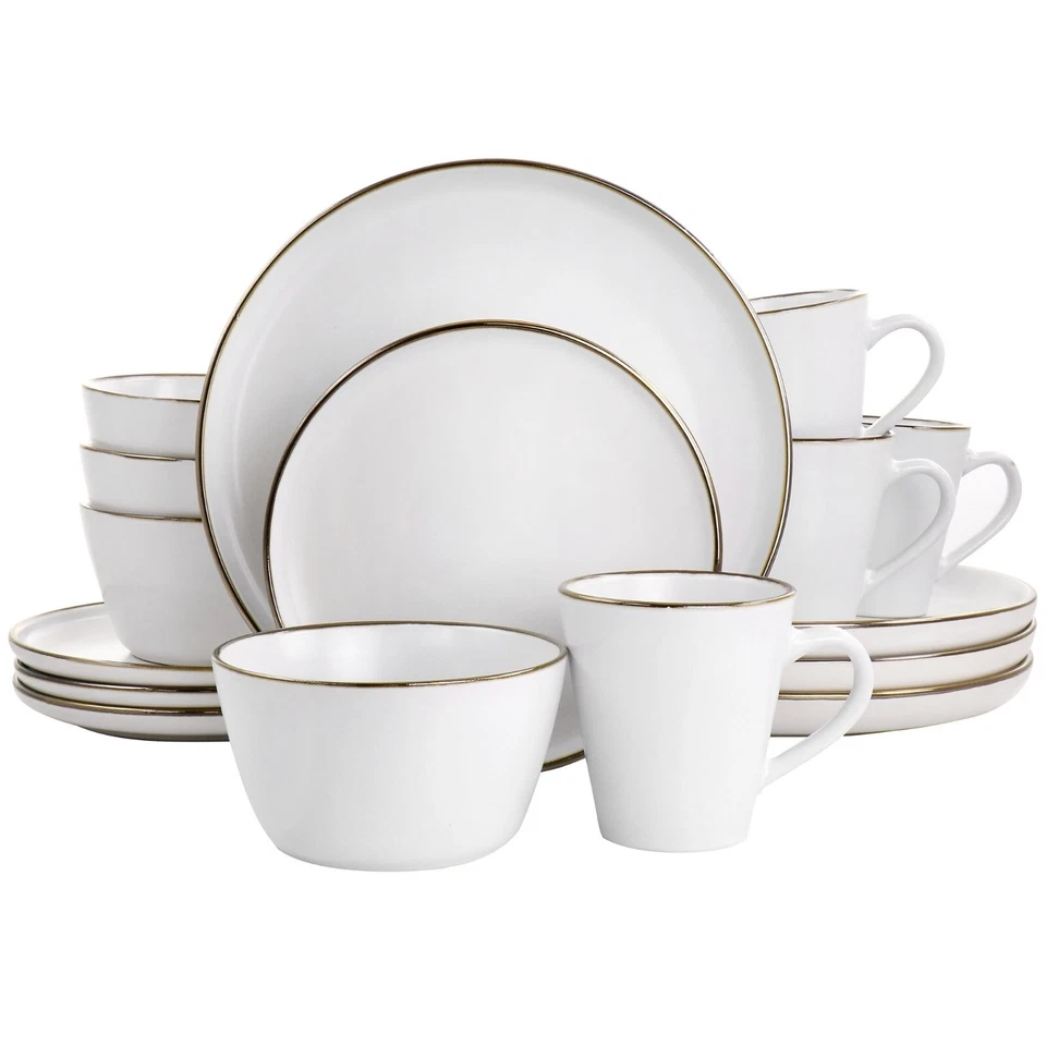 Elama Arthur 16 Piece Stoneware Dinnerware Set in Matte White with Gold Rim - Image 1 of 3