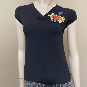 Women’s Black Cotton Casual Summer Embroidered V-neck Slim Size M/L  Blouse Top - Picture 1 of 18
