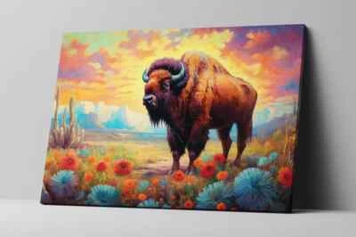 Arte de pared de lienzo colorido animal del desierto bisonte americano vintage decoración impresión enmarcada Foto 1 de 4