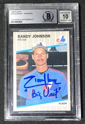 Randy Johnson BIG UNIT Autographed Signed 89 Fleer ROOKIE CARD Expos Beckett 10 - Image 1 of 2