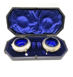 Viktorianische Gewürz / Salz Salieren Paar Versilbert + Glas Einsatz & Box 1860 - Bild 1 von 11