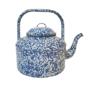 VTG Blue White Splatter Speckled Enamelware Graniteware Teapot Tea Pot Lid 8.5" - Picture 1 of 18