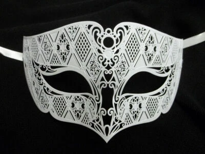 White Male Diamond Design Laser Cut Venetian Masquerade Metal Filigree Mask Men - Image 1 of 3