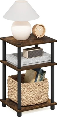 Mesa auxiliar Furinno JUST, extremo de 3 niveles 3 niveles, poste redondo, pino ámbar/negro  Foto 1 de 4