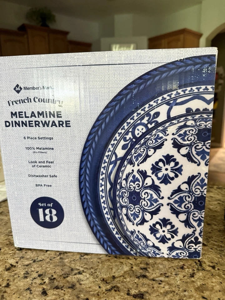 NEW Melamine 18-pc Blue Dinnerware French Country Set Member’s Mark BPA-free - Image 1 of 4