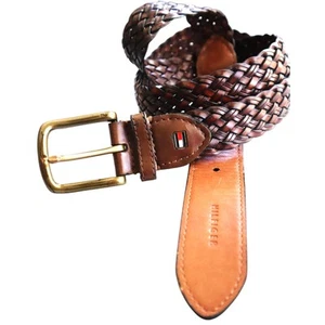 Vintage Tommy Hilfiger Brown Braided Leather Belt Brass Gold Buckle Logo Mens 36 - Picture 1 of 5