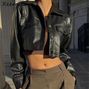 Damen Kunstleder Kurzjacke PU Mantel Umlegekragen Freizeit Streetwear - Bild 1 von 12