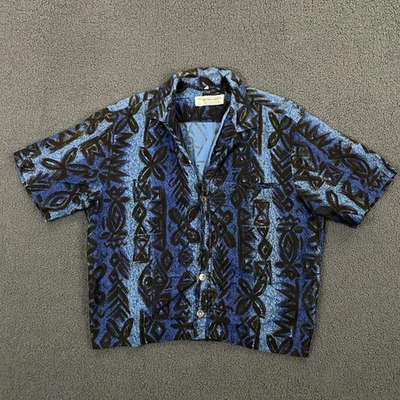 Винтажная гавайская мужская рубашка Waltah Clarke средний размер синий принт Tiki Aloha 60-е - Изображение 1 из 4