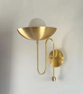 Brass Wall Sconce: Mid-Century Modern U-Shaped Light with Frosted Globe - Picture 1 of 8