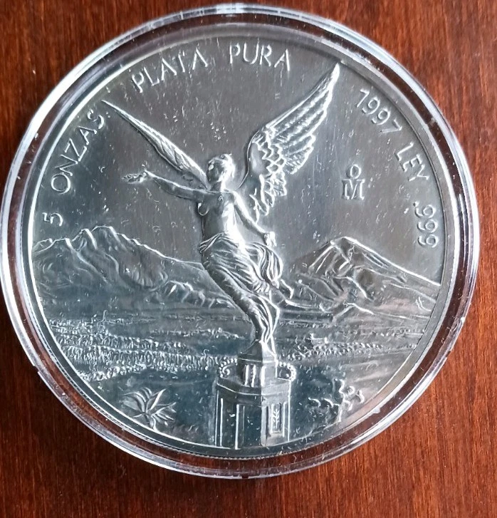 Moneda de Plata Fina México Libertad 1997, 5 Oz .999 en Estuche Protector. Foto 1 de 2