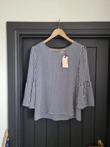 Purples Paris Navy White Stripe Bell Slv Blouse Top Size Large TL - Picture 1 of 15